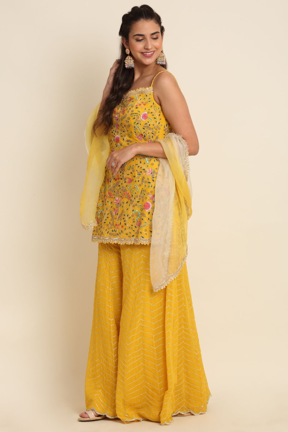 Zardosi Work Yellow Sharara Set