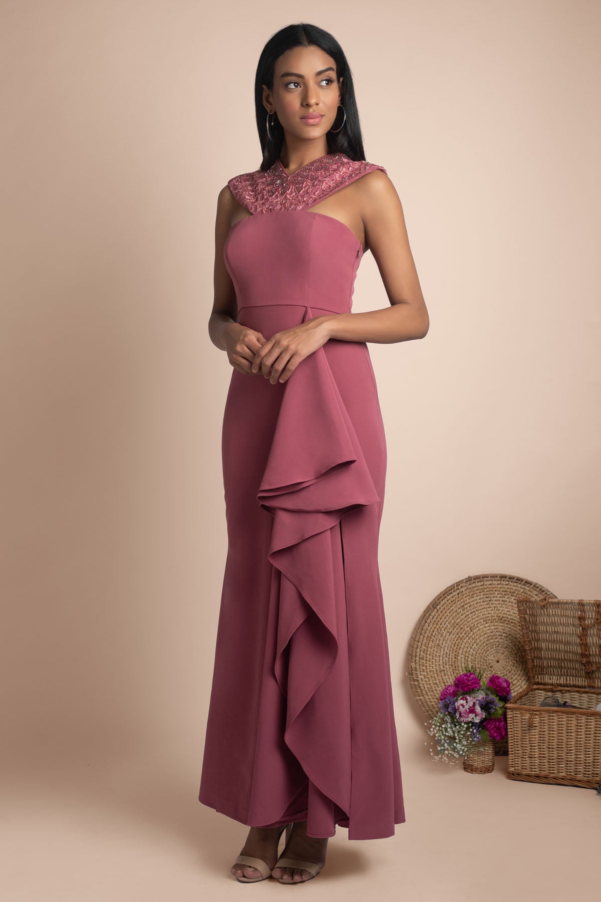 Pink Halter Neck Ruffle Jumpsuit