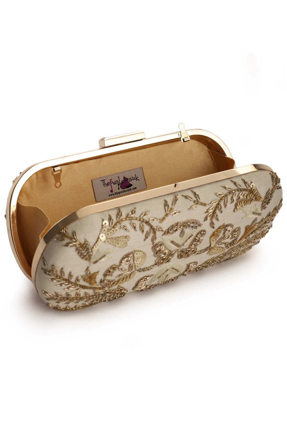 Hand Embroidered Beige Clutch