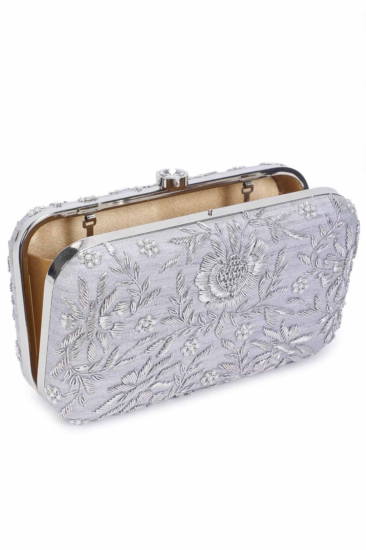 Silver Hand Embroidered Clutch