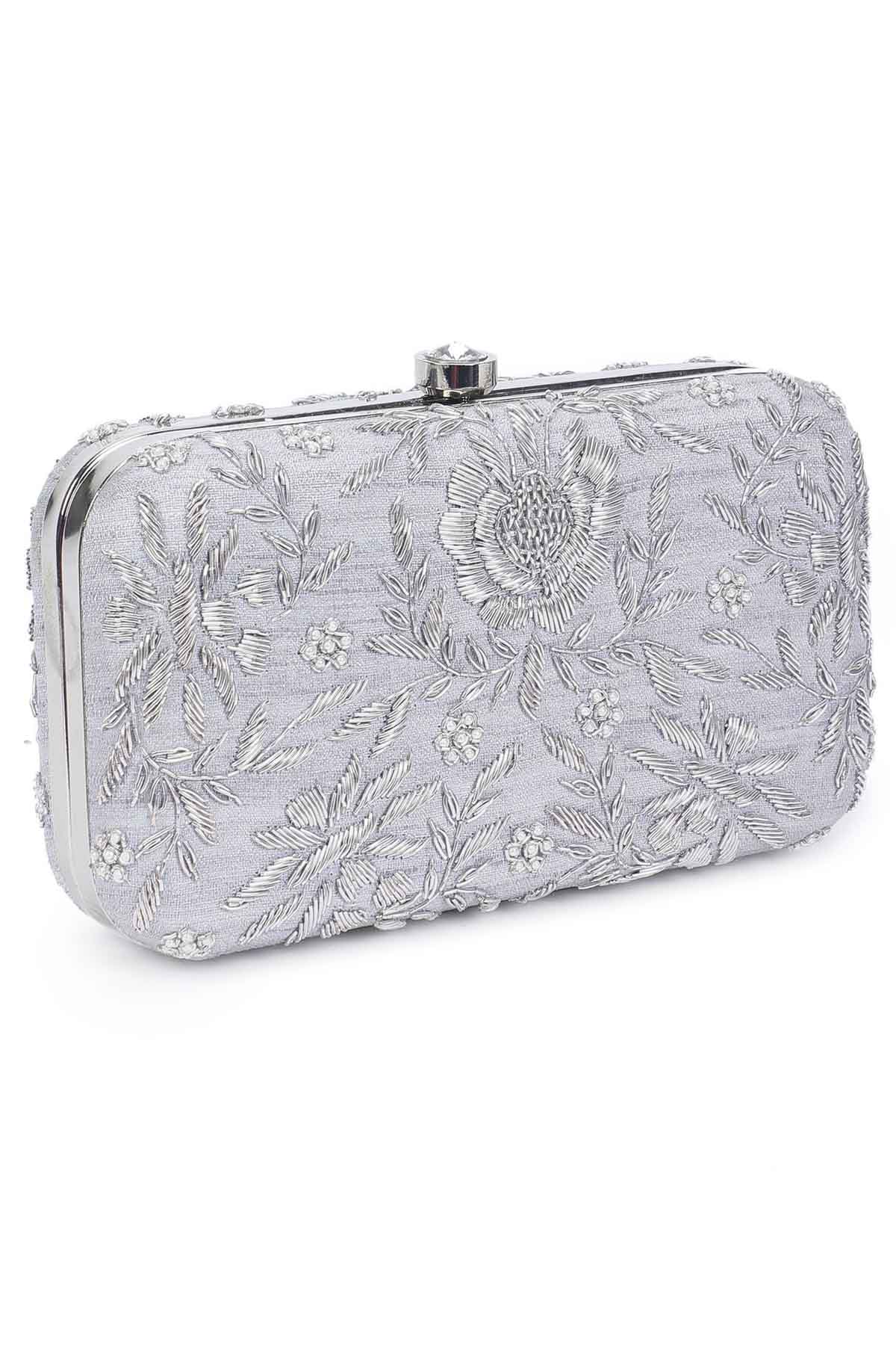 Silver Hand Embroidered Clutch