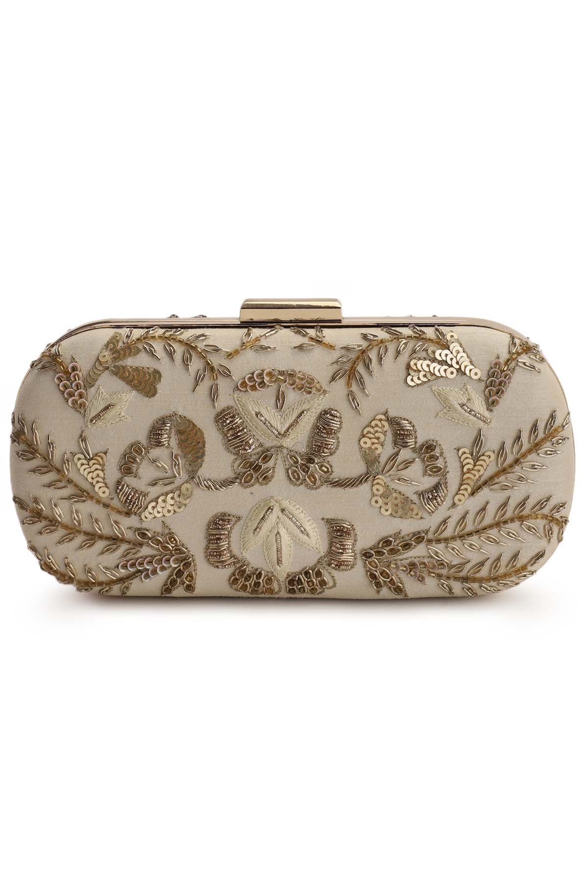 Hand Embroidered Beige Clutch
