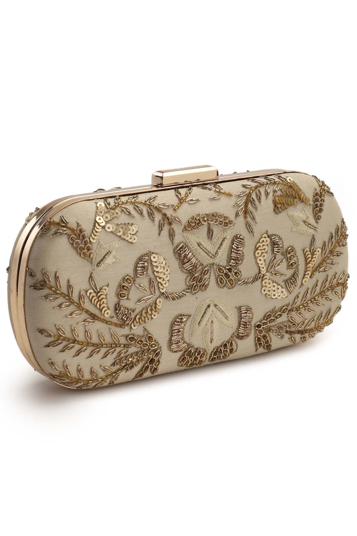 Hand Embroidered Beige Clutch