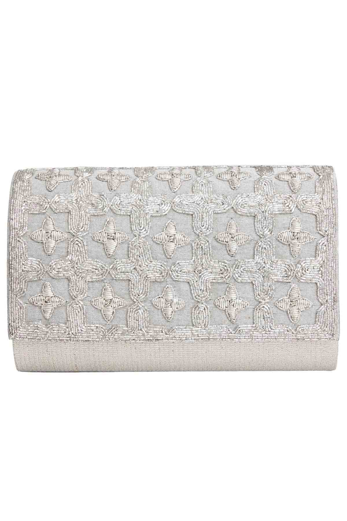 Hand Embroidered Silver Clutch