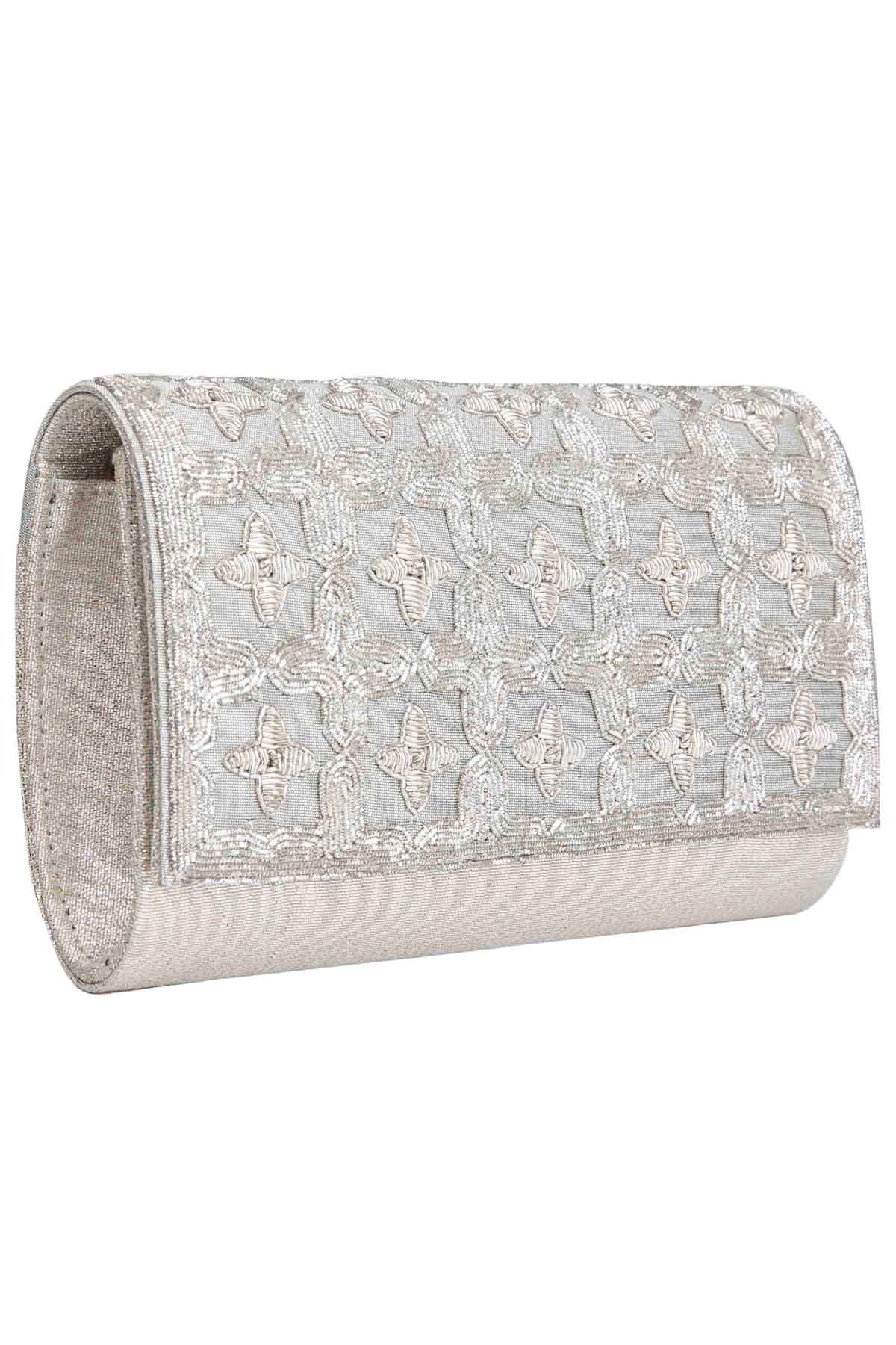 Hand Embroidered Silver Clutch