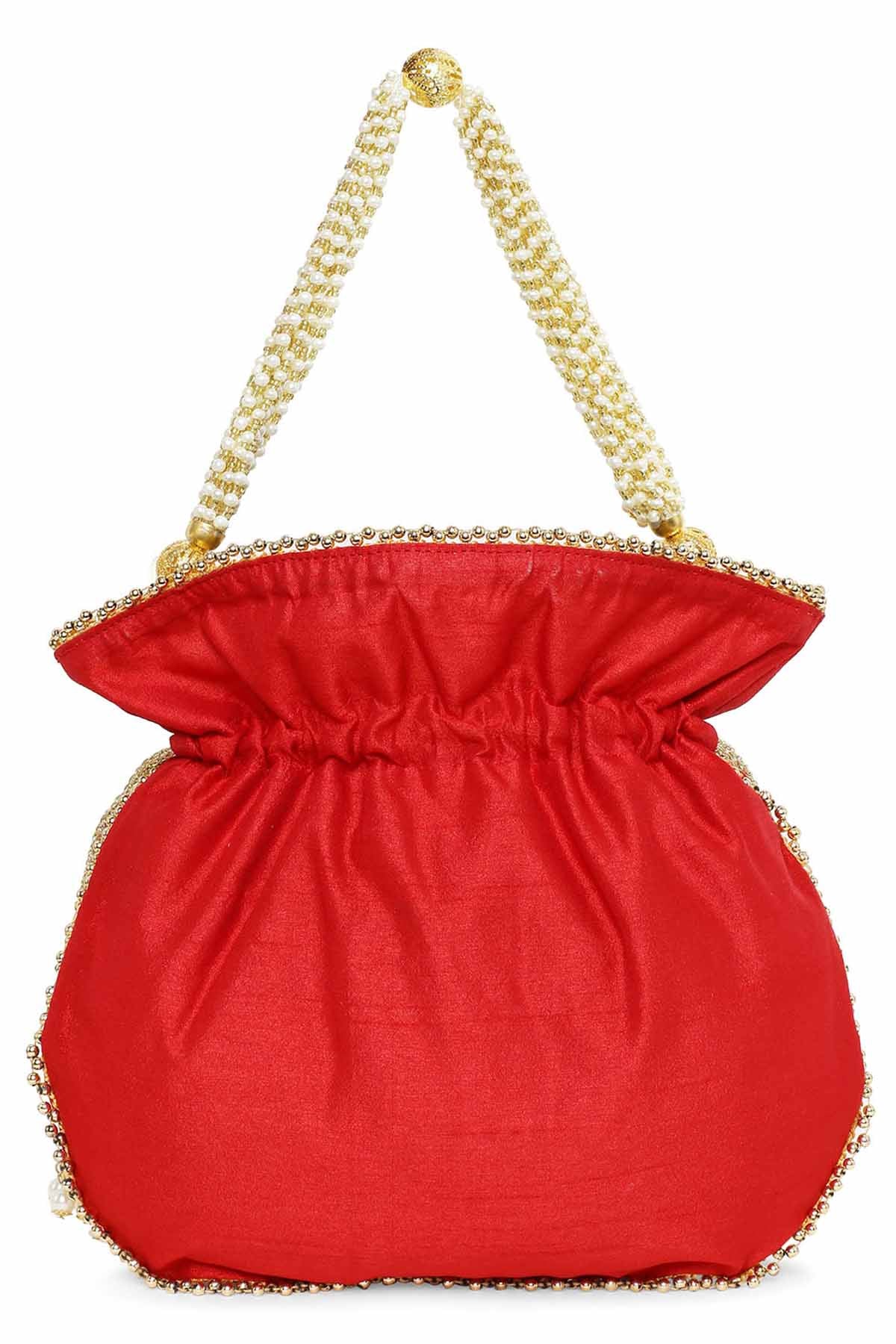 Red Raw Silk Embroidered Potli