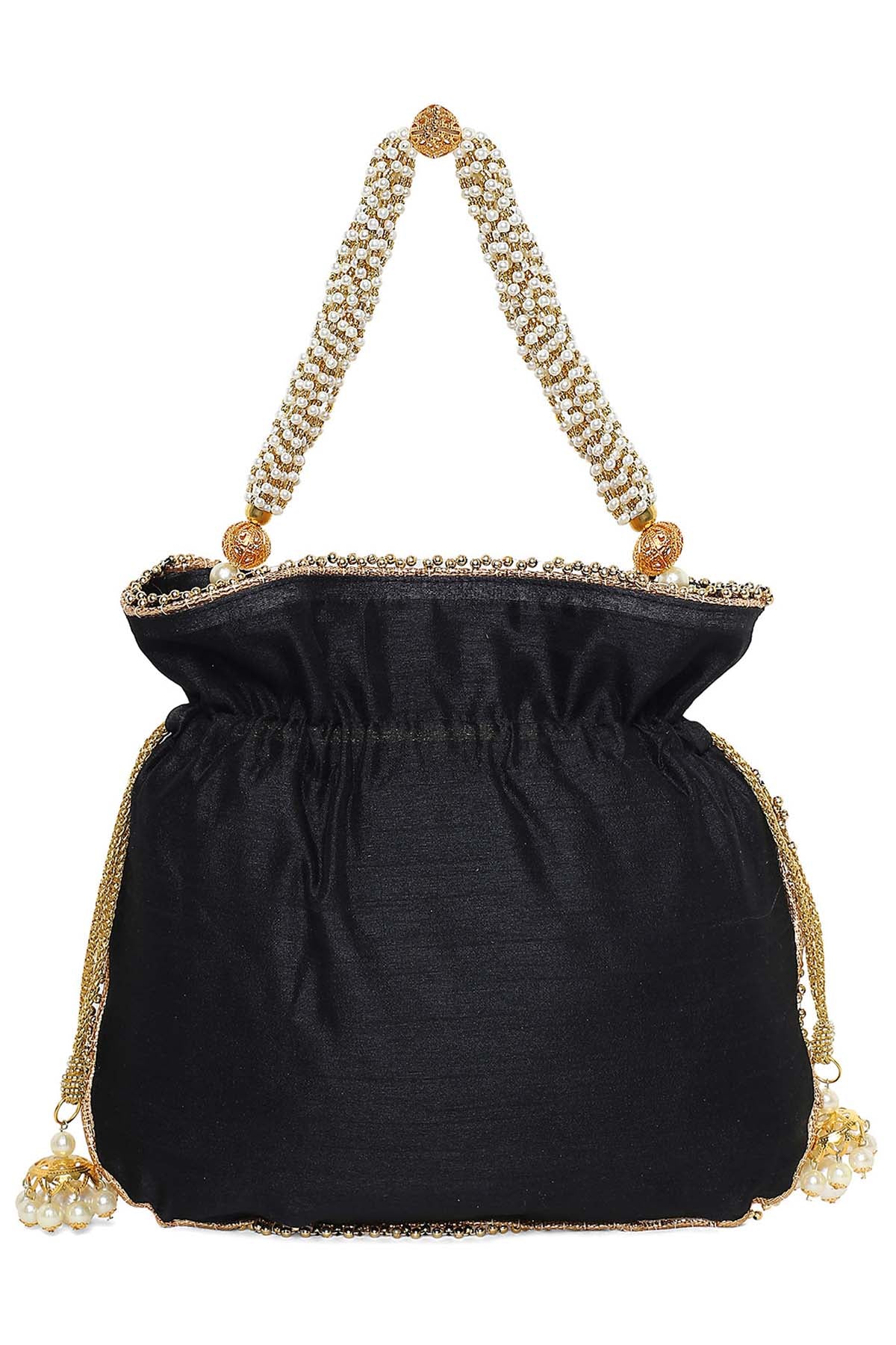 Black Raw Silk Embroidered Potli