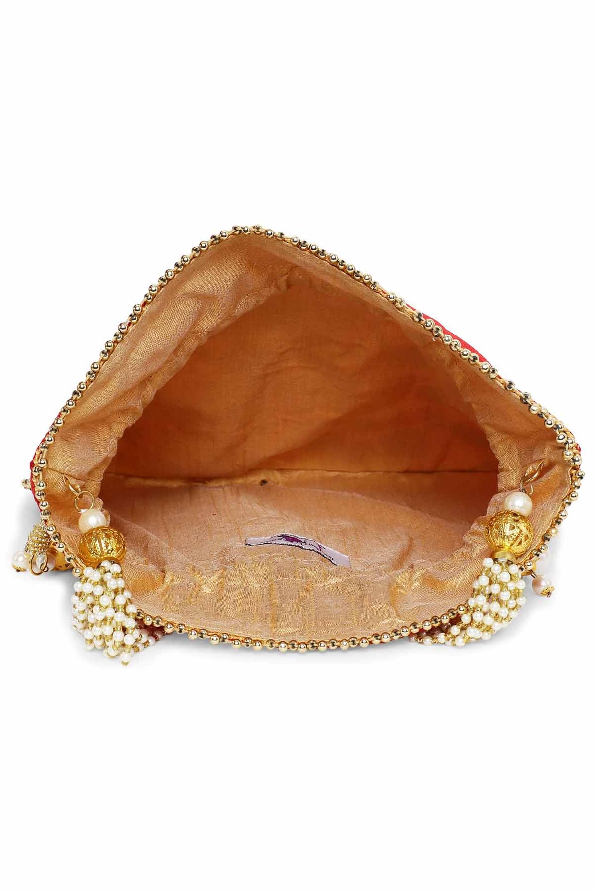 Red Raw Silk Embroidered Potli