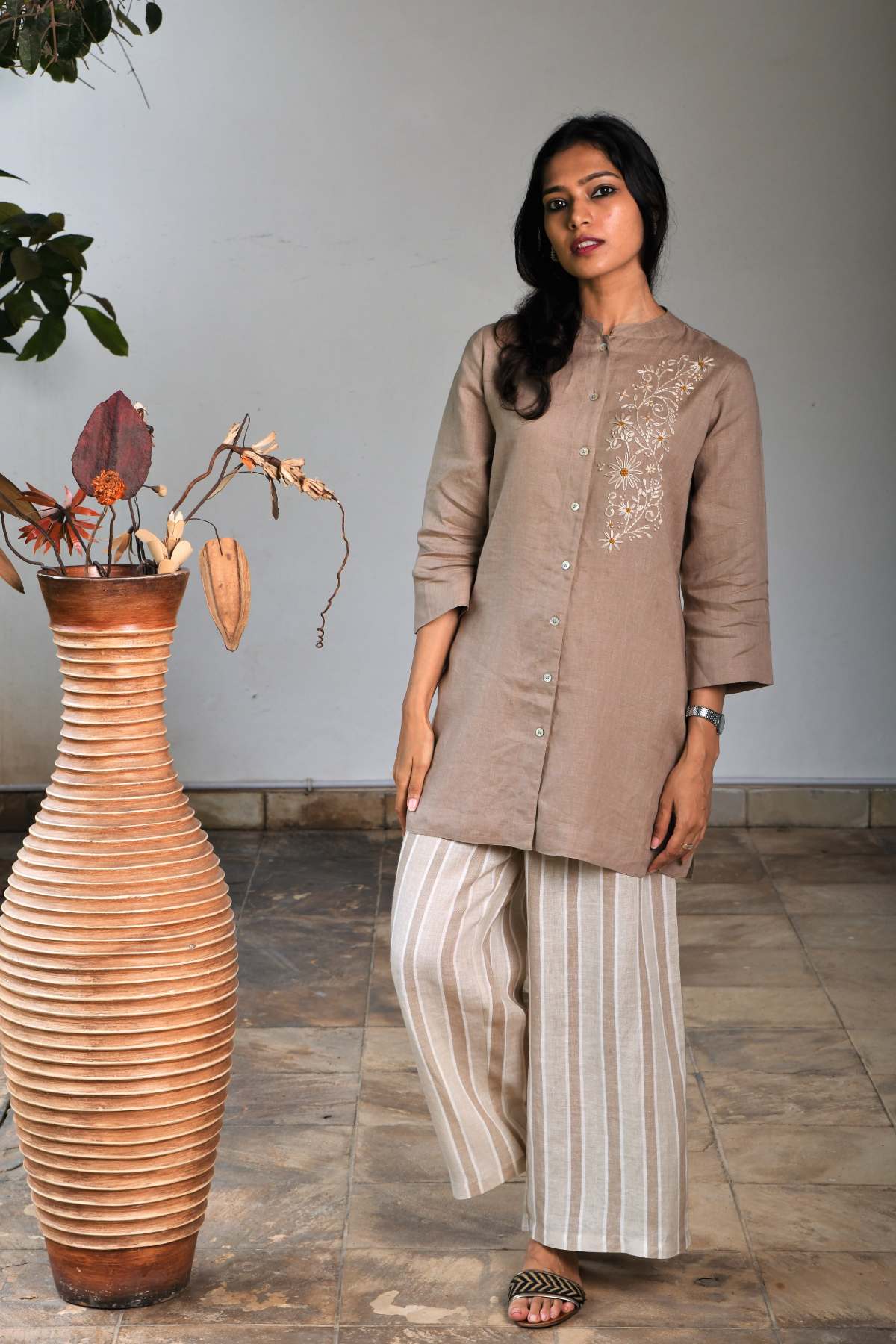 Khaki Hand Embroidered Tunic