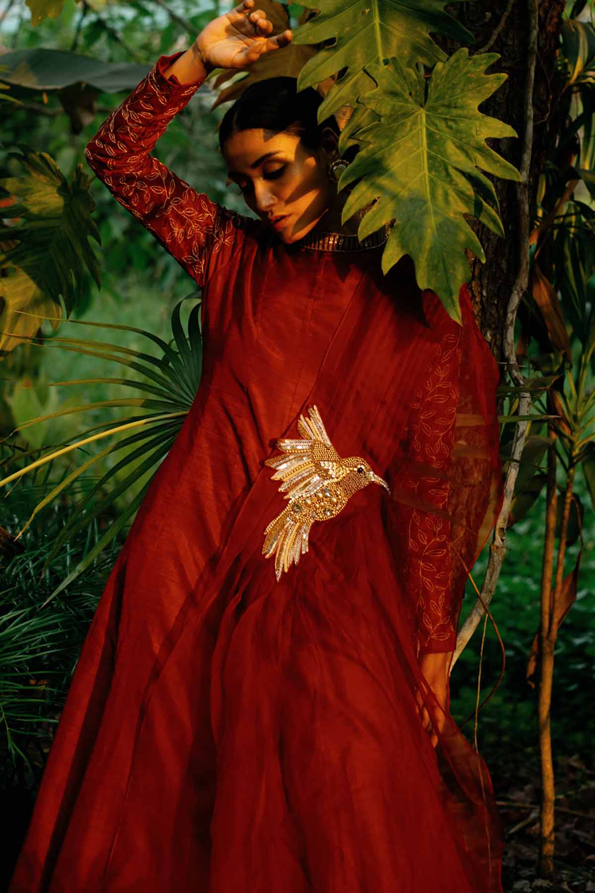 Red High Neck Long Kurta Set