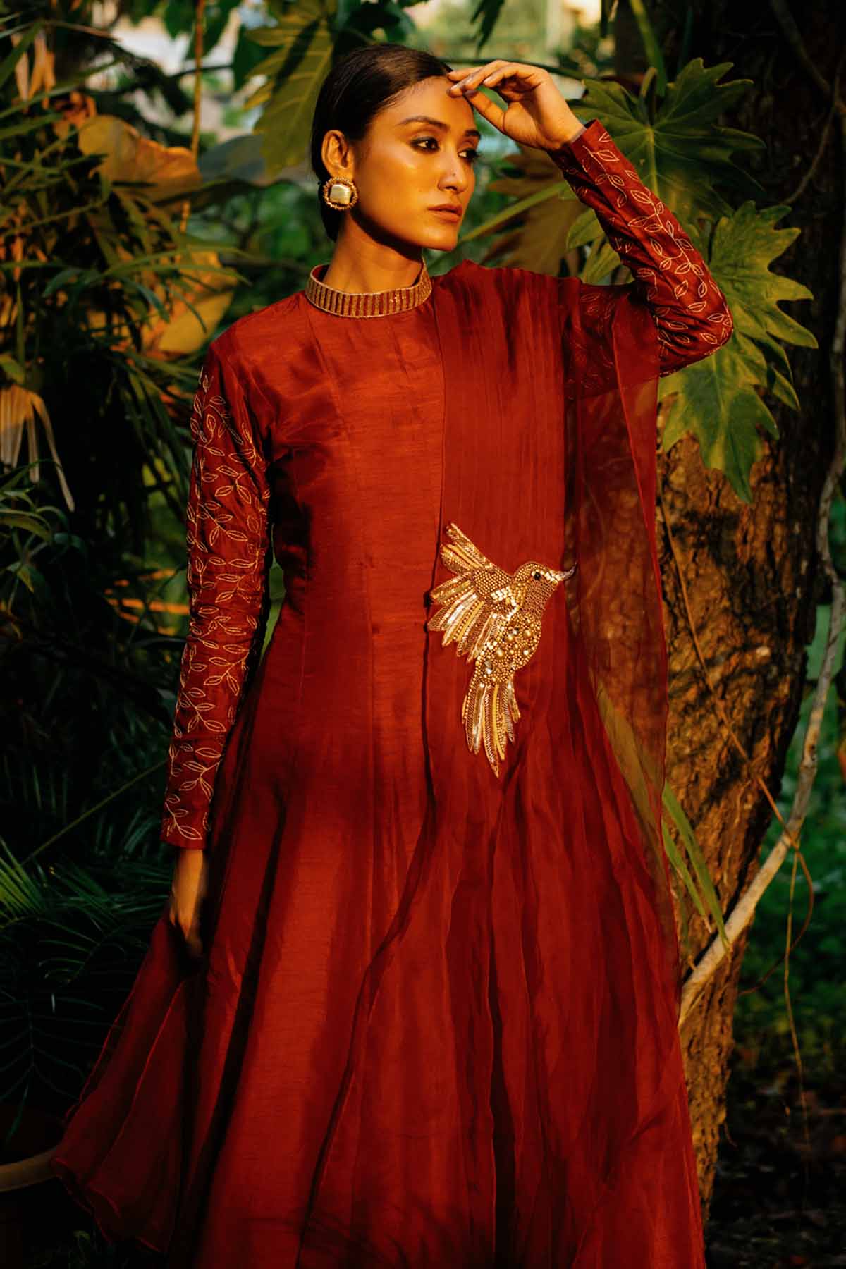 Red High Neck Long Kurta Set