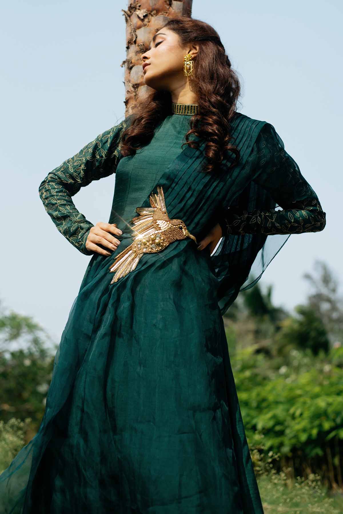 Green High Neck Long Kurta Set