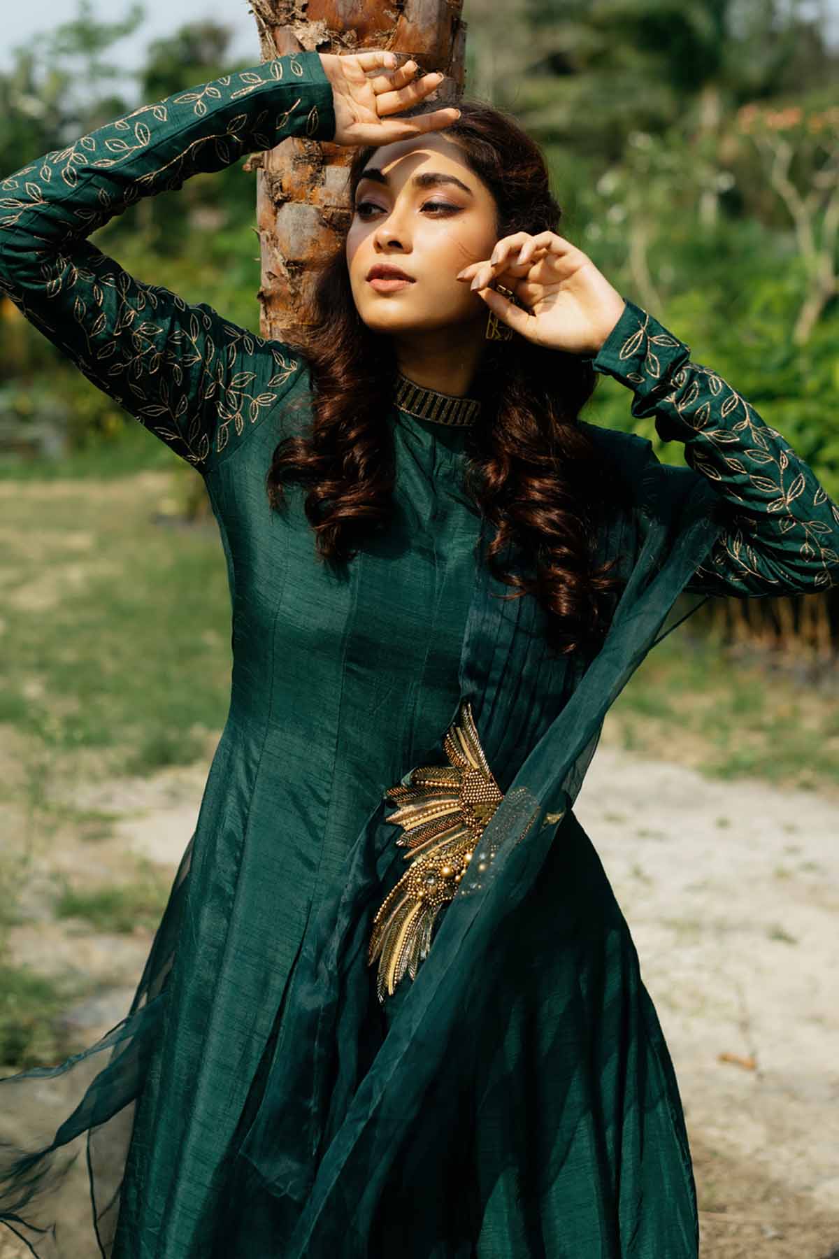 Green High Neck Long Kurta Set