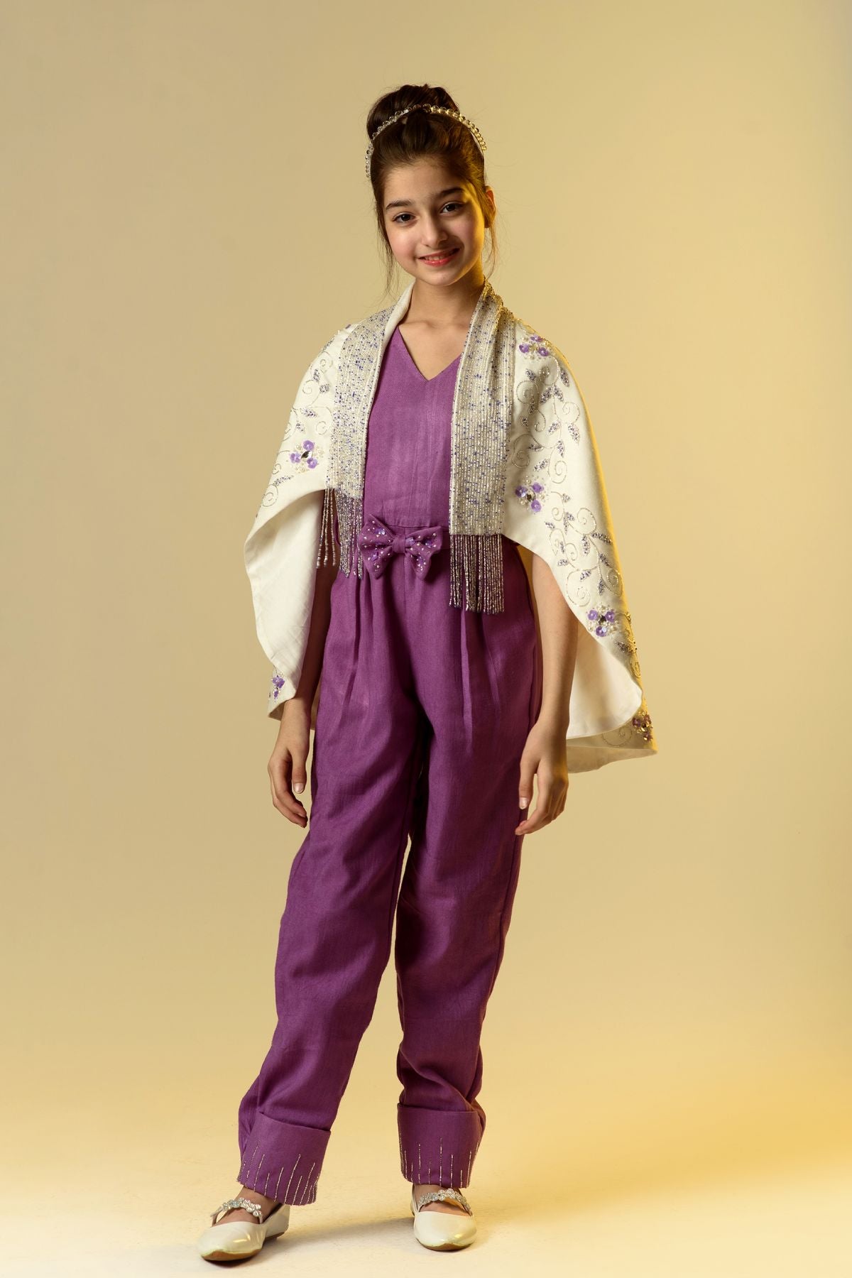 Buy Kids Designer Littleens Embroidered woollen cape shawl with refined jumpsuit crafted in organic woollen herringbone fabric with delicate embroidery detail at hem Online at ScrollnShops