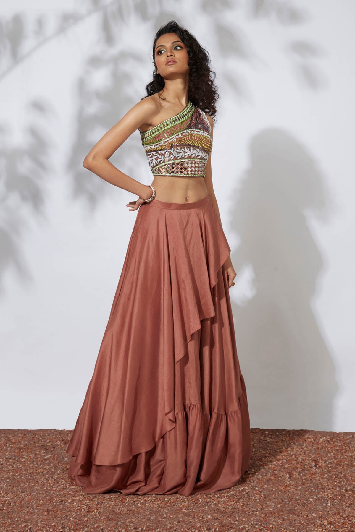Ochre One Shoulder Lehenga Set