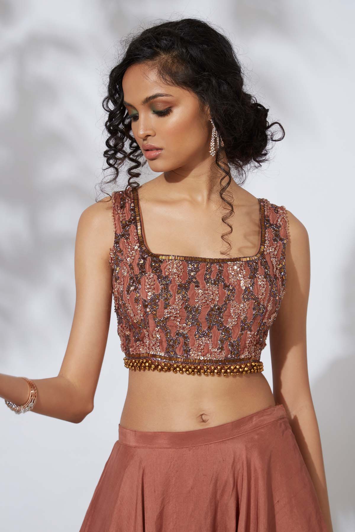 Ochre Beads Layered Lehenga Set