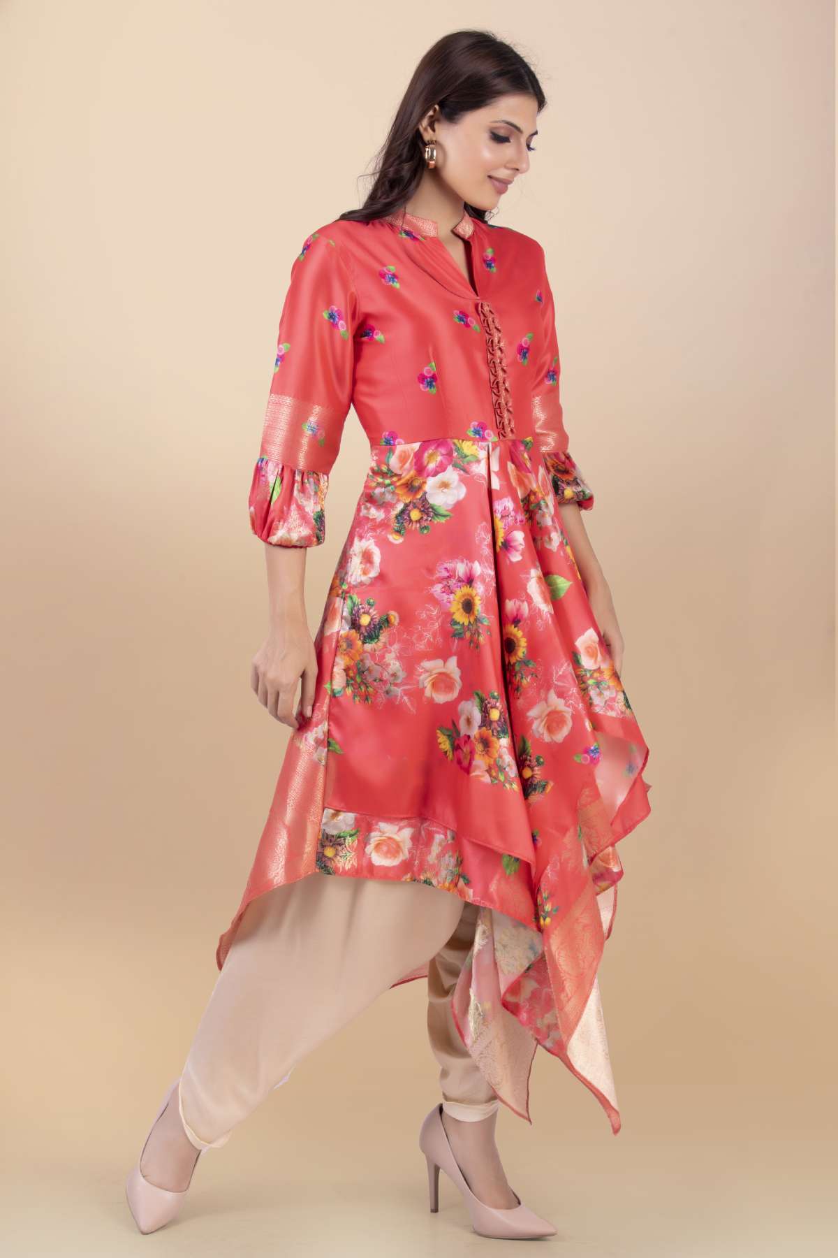 Peach Asymmetrical Top & Dhoti