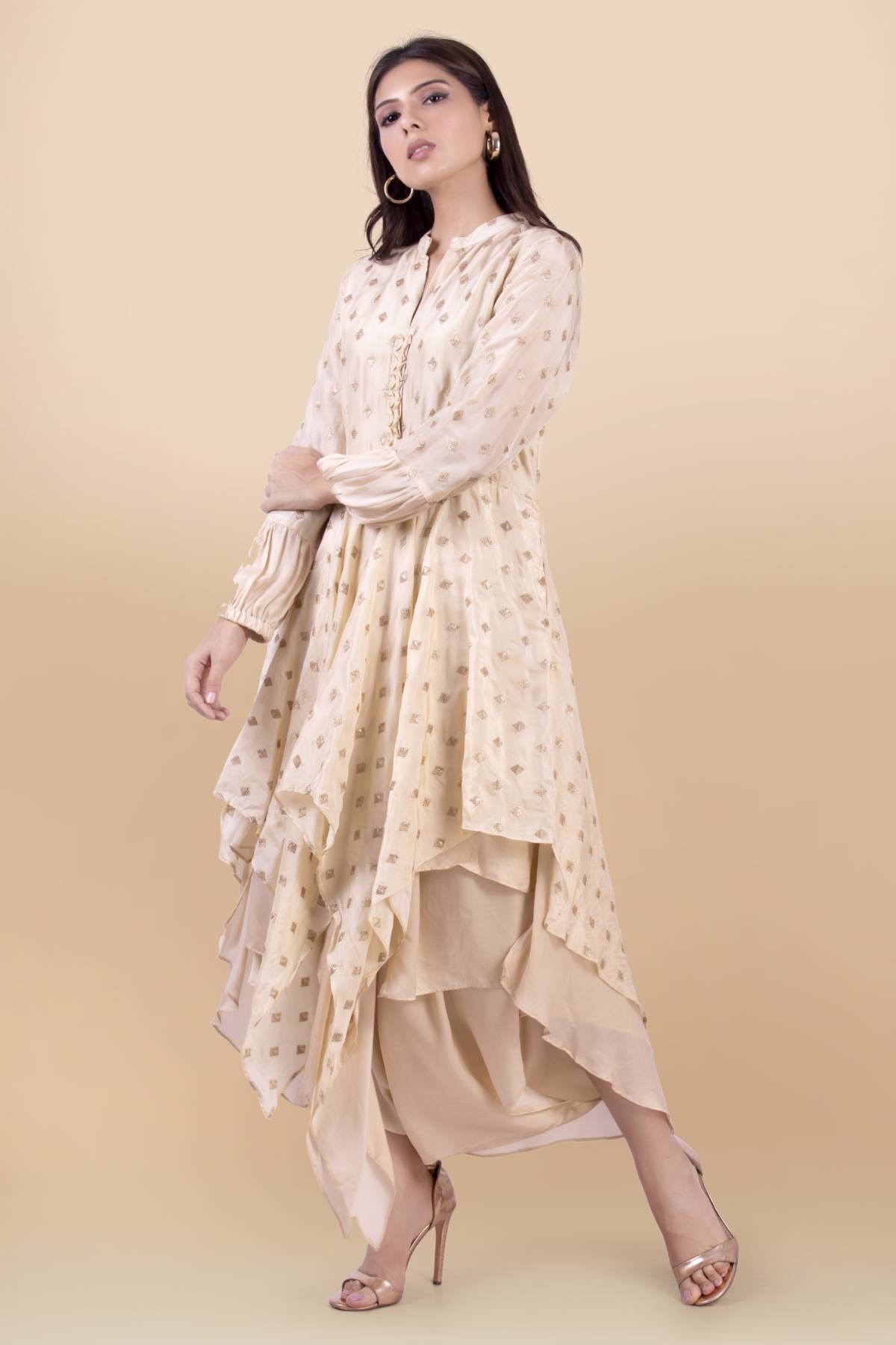 Cream Asymmetrical Top & Dhoti