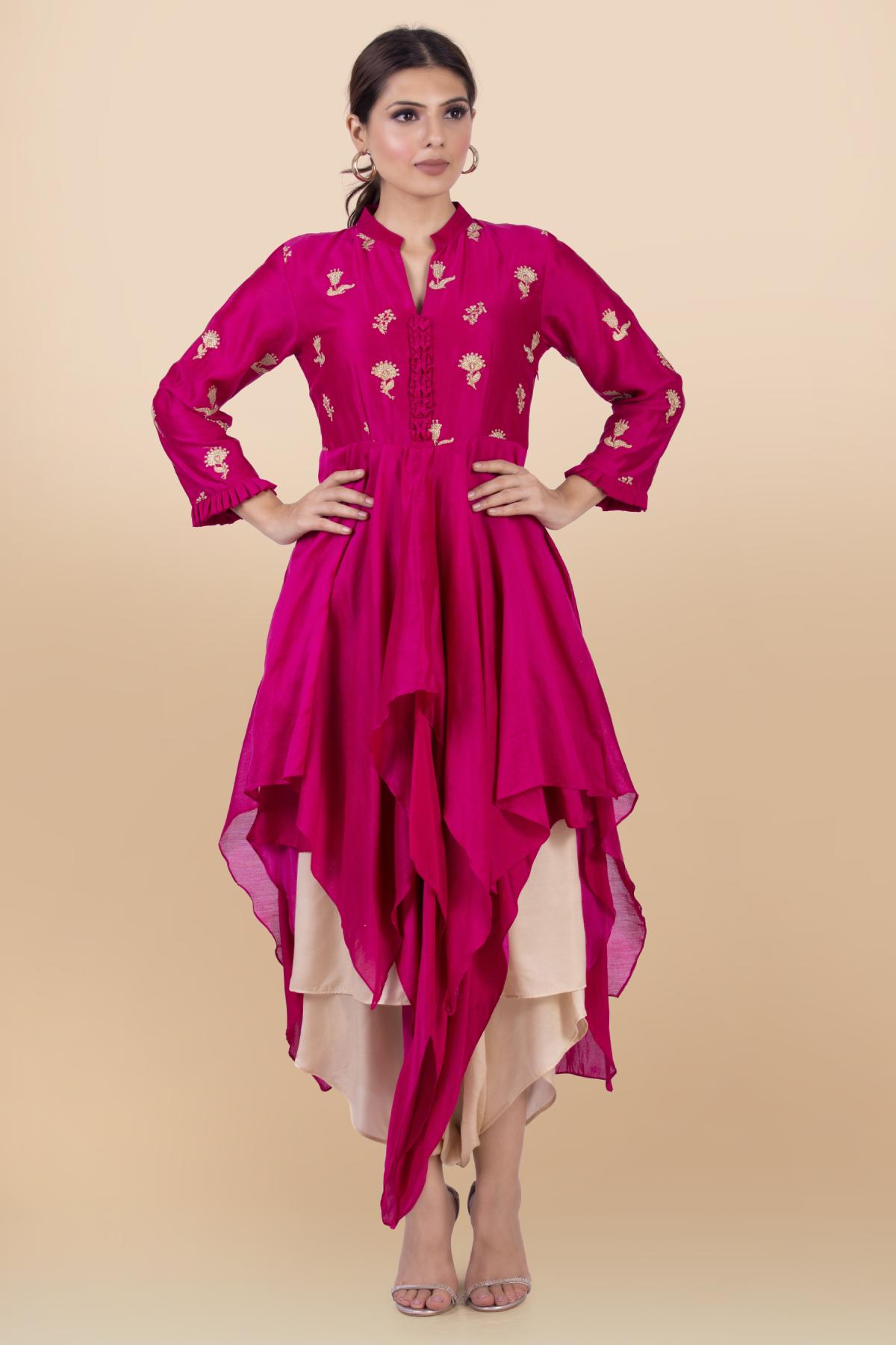 Pink Asymmetrical Kurta & Dhoti