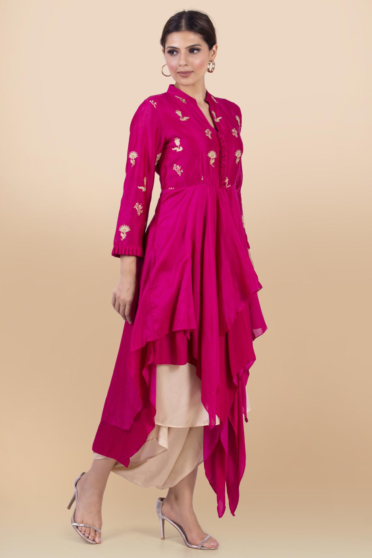 Pink Asymmetrical Kurta & Dhoti