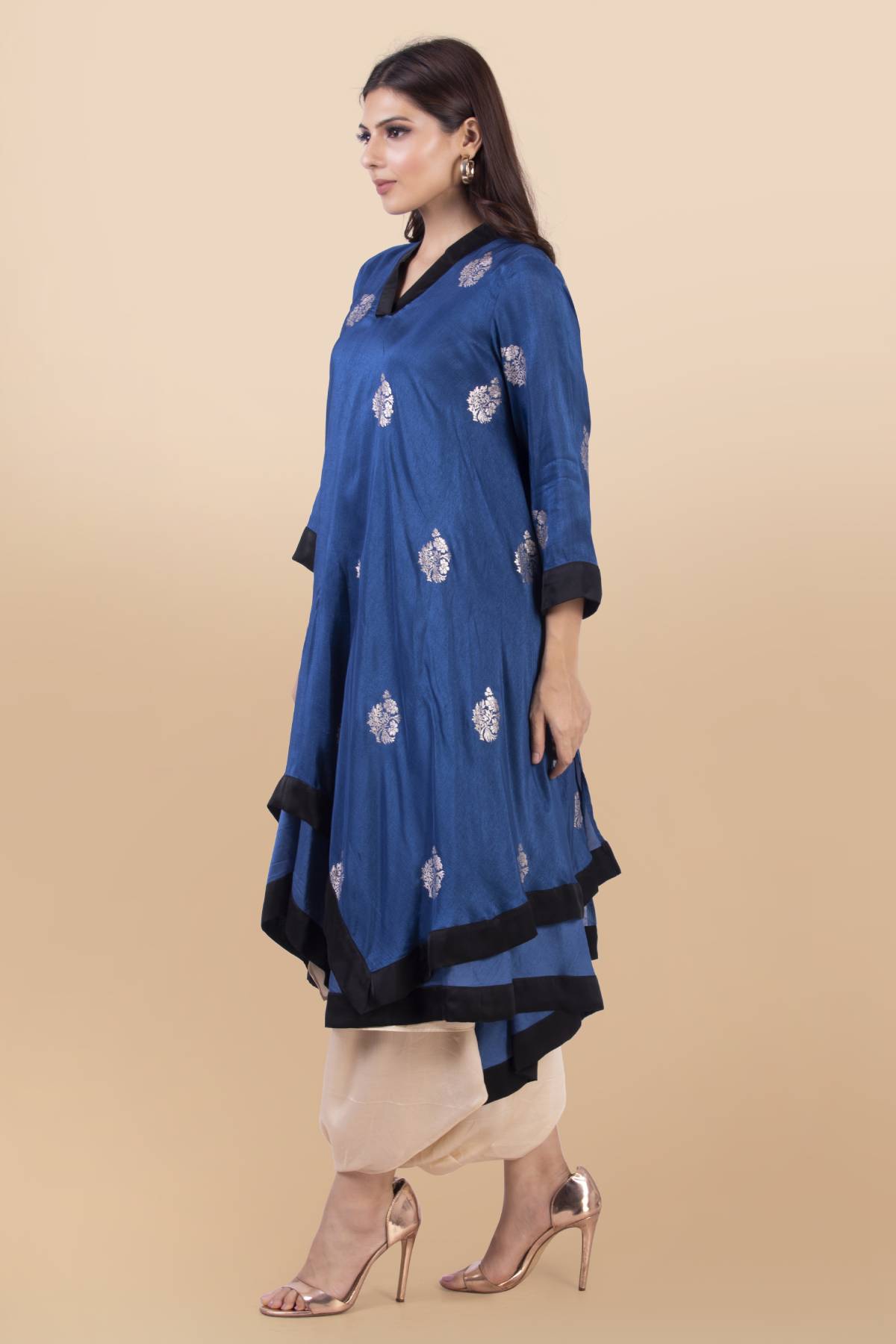 Blue Layered Kurta & Cream Dhoti
