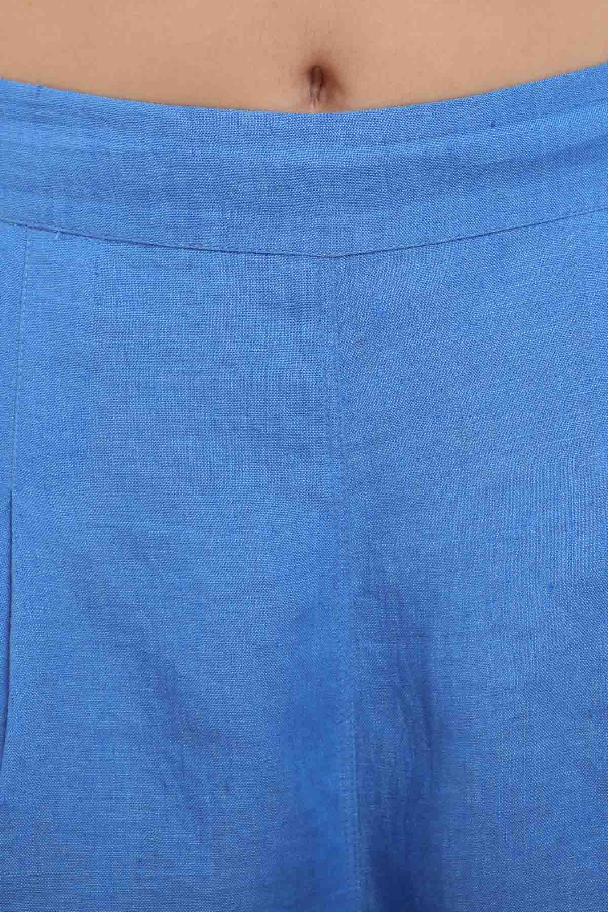 Blue 100% Linen Drawstring Pants