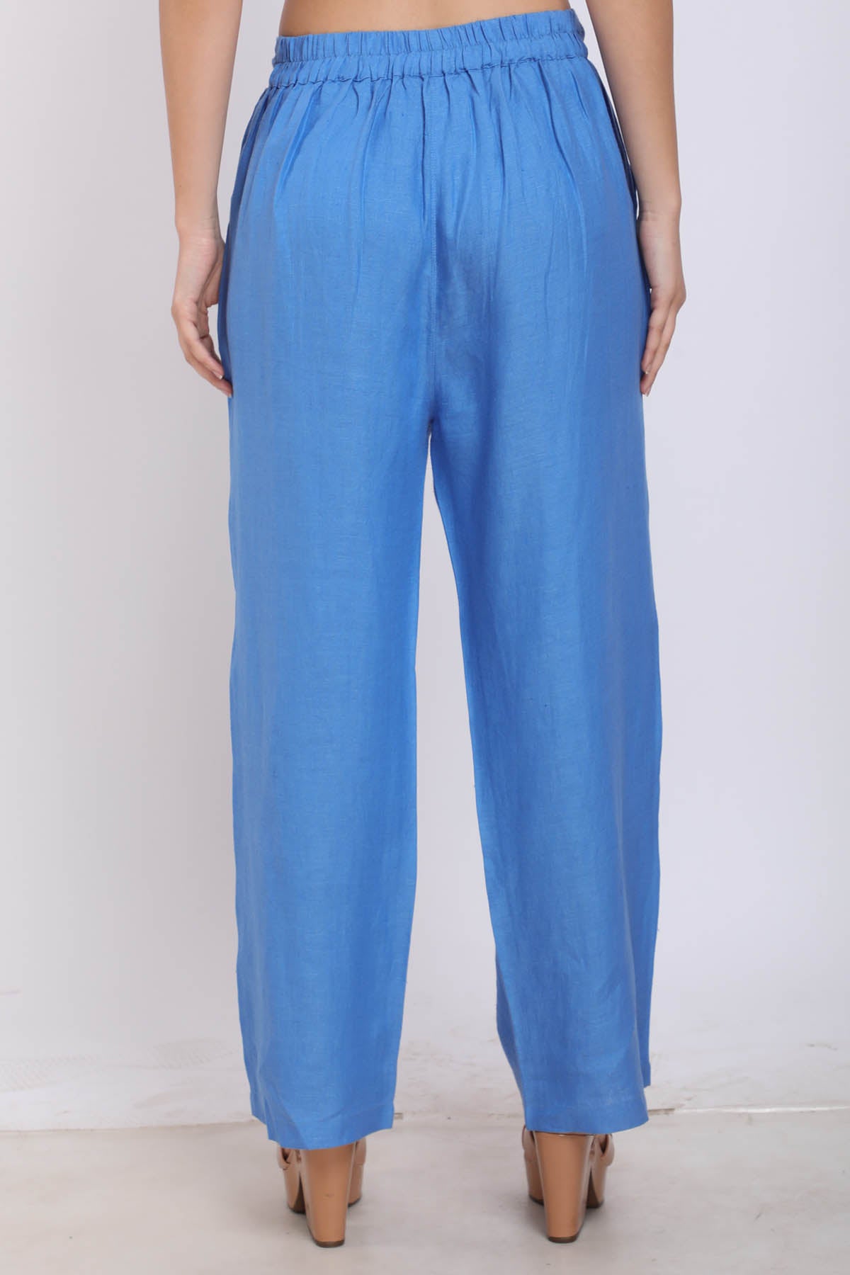 Blue 100% Linen Drawstring Pants