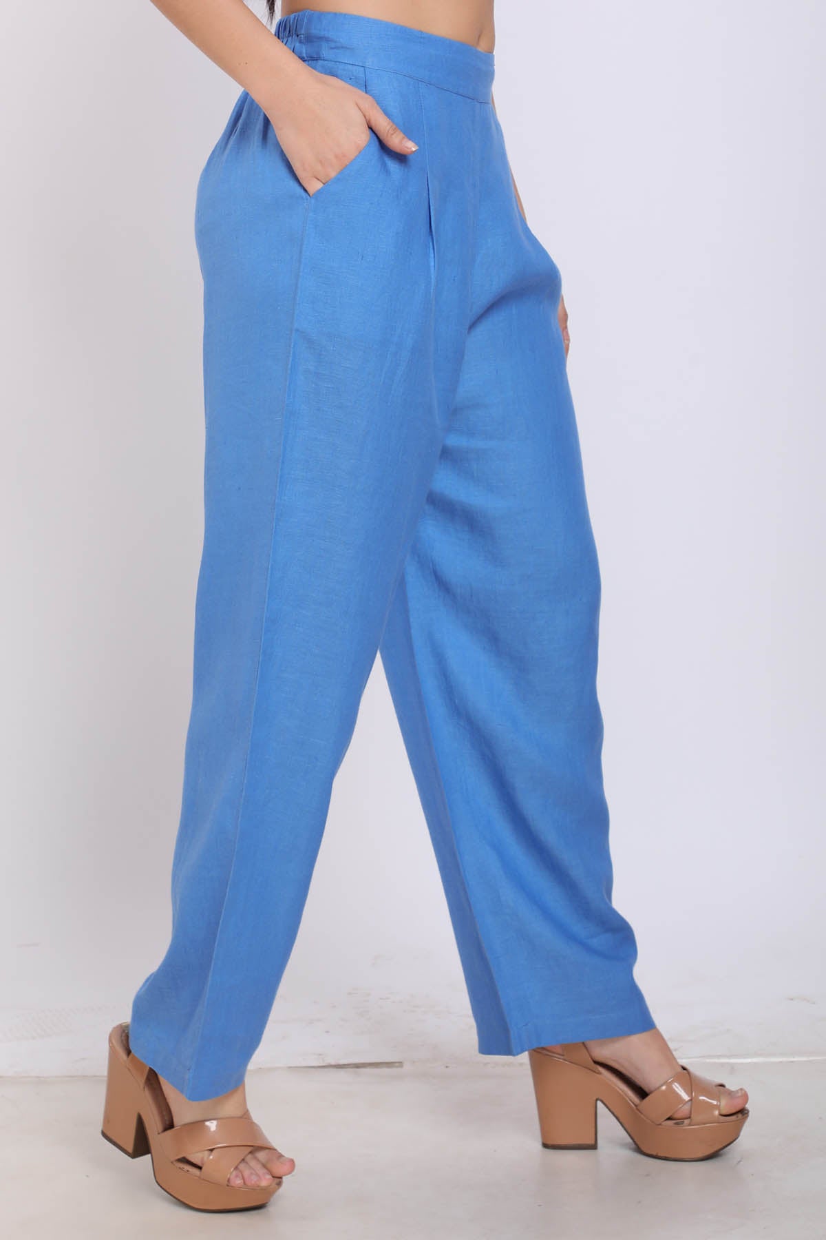 Blue 100% Linen Drawstring Pants