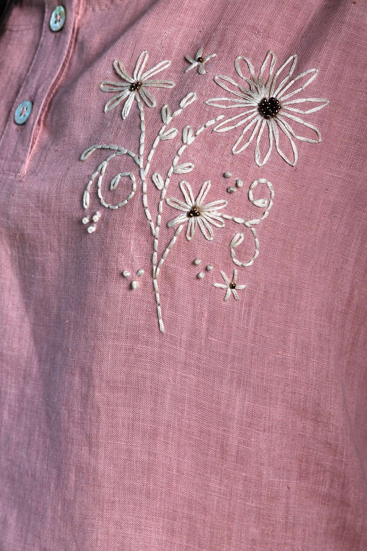 Pink 100% Linen Embroidered Top