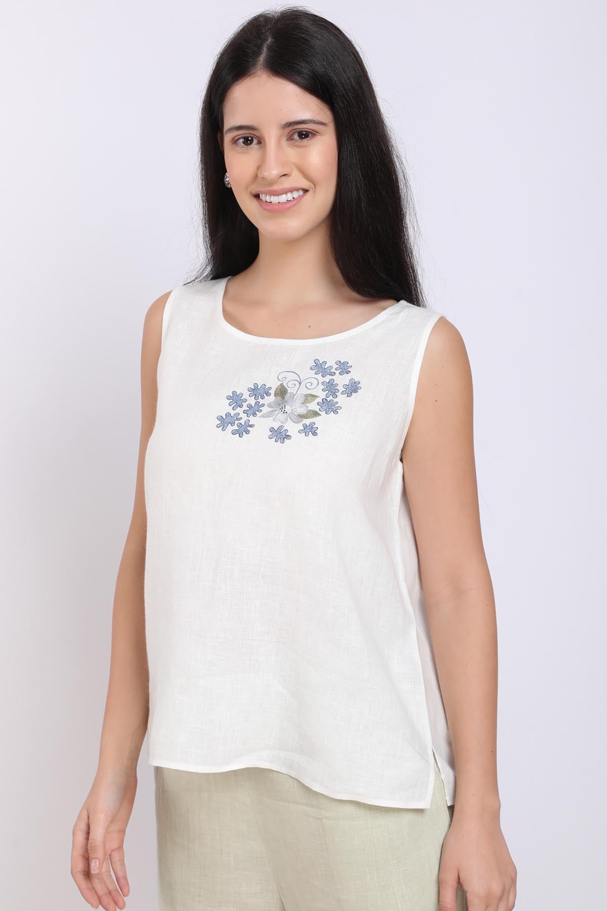Ivory 100% Linen Embroidered Top