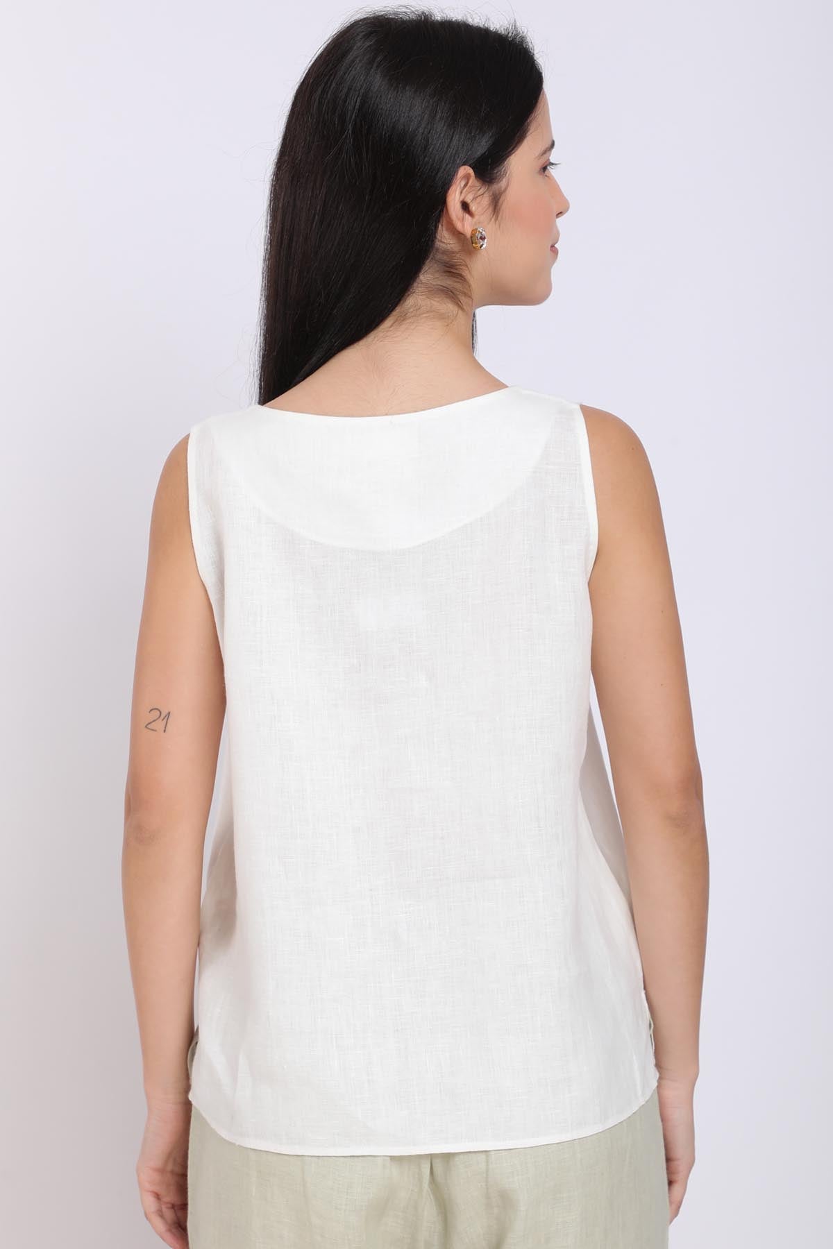 Ivory 100% Linen Embroidered Top