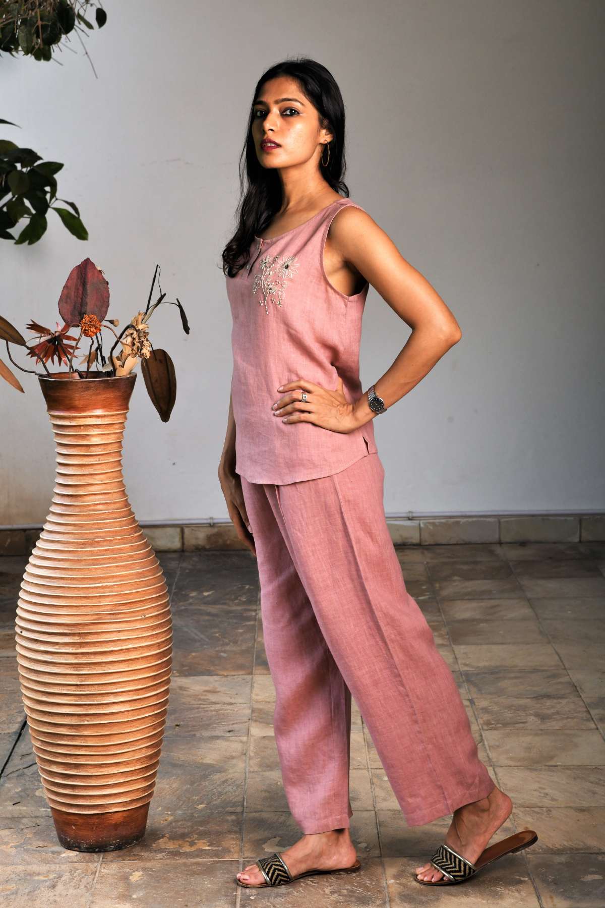 Pink 100% Linen Embroidered Top