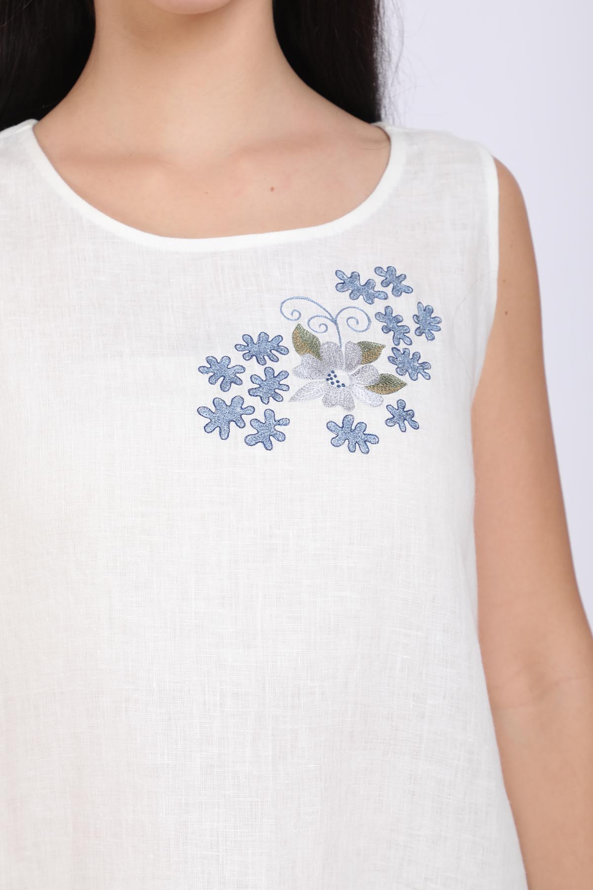 Ivory 100% Linen Embroidered Top