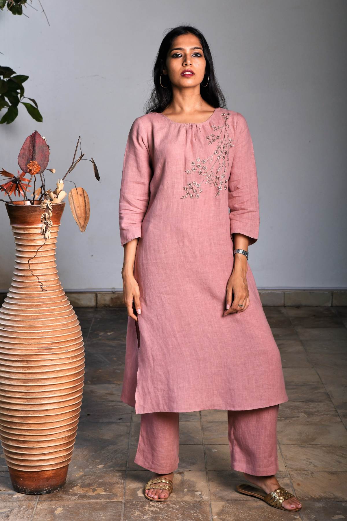 Pink Embroidered Straight Tunic