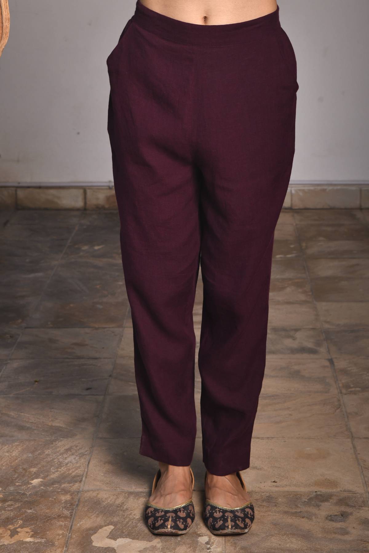 Wine 100% Linen Pencil Pants