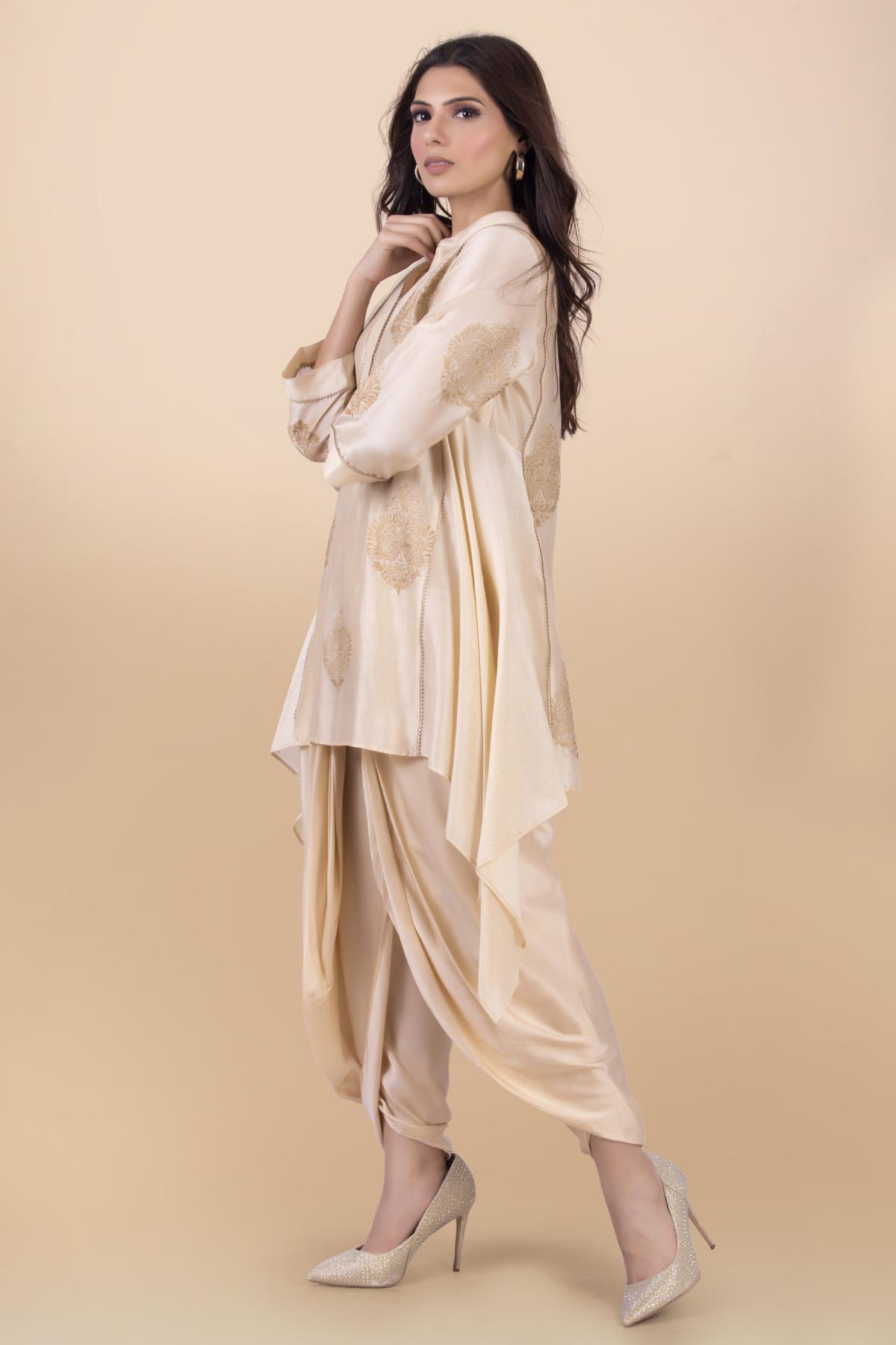 Cream Collar Short Kurta & Dhoti