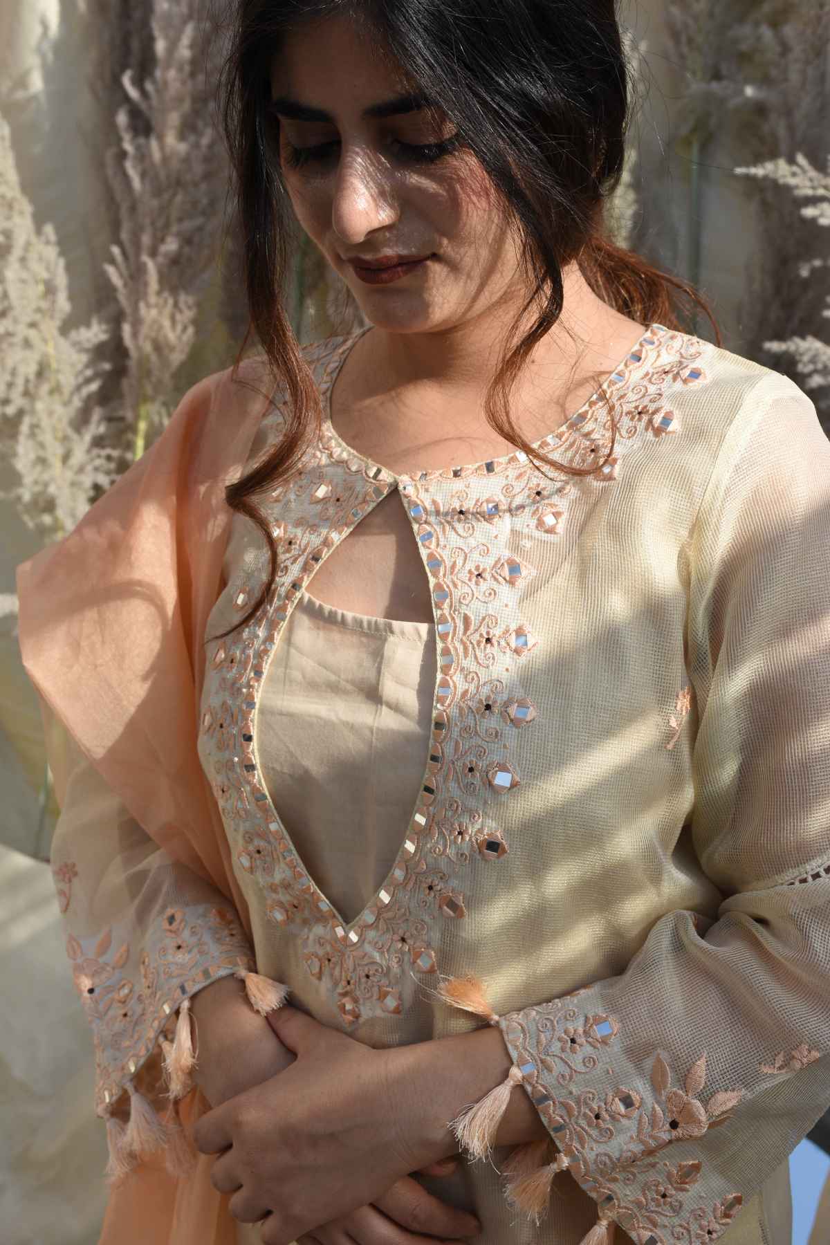 Beige Mirror Work Kurta Set