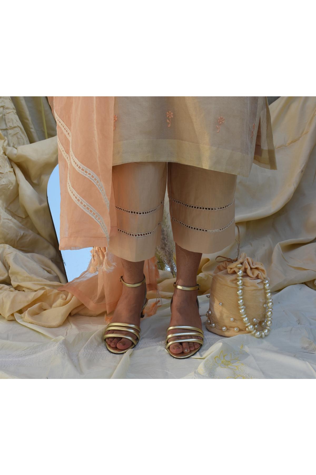 Beige Mirror Work Kurta Set