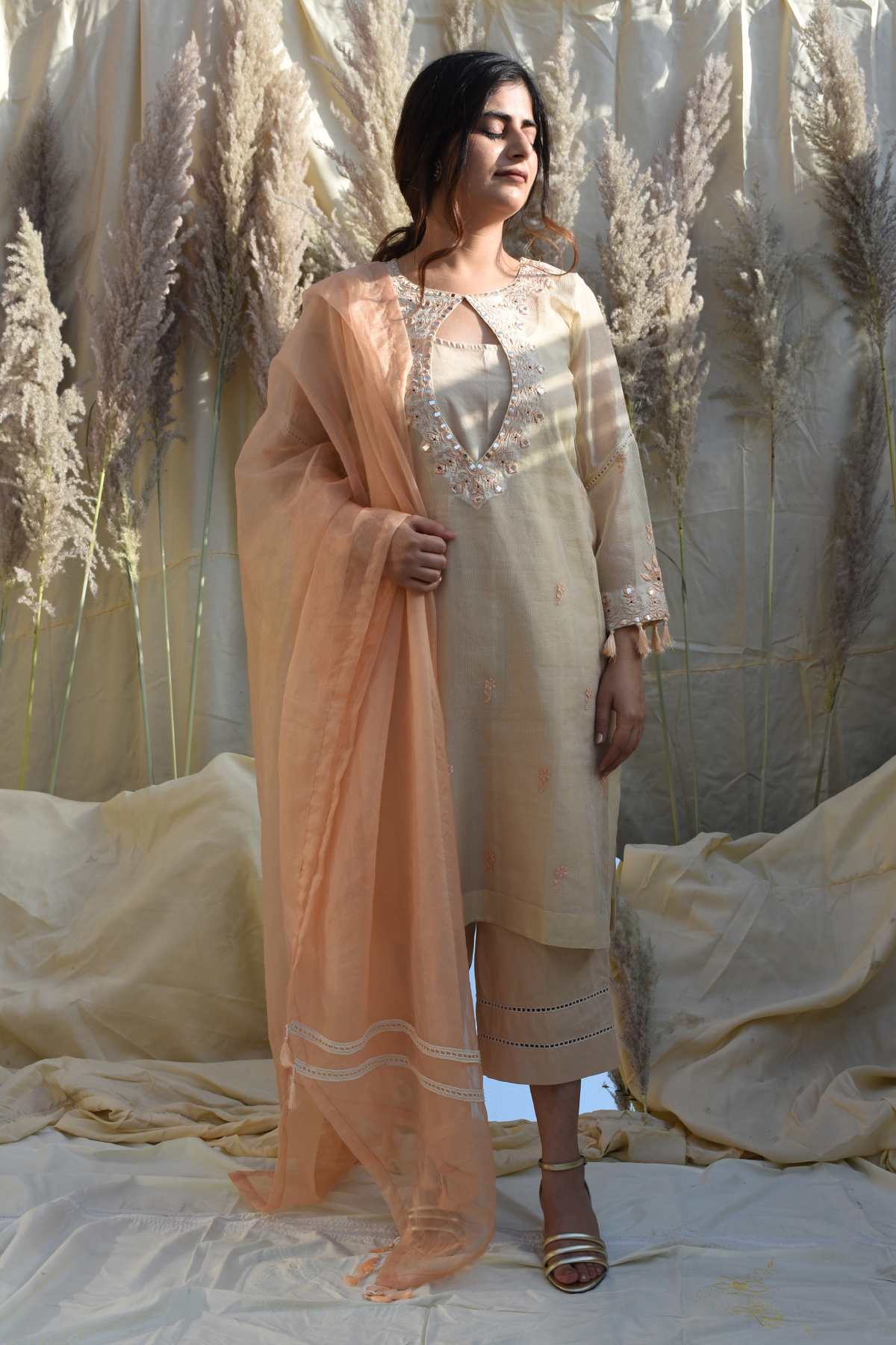 Beige Mirror Work Kurta Set