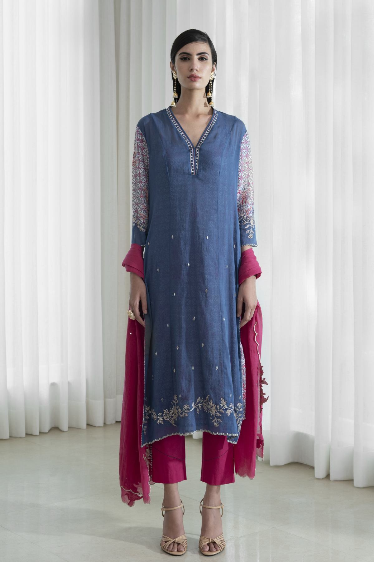 Pink & Blue Cutwork Kurta Set