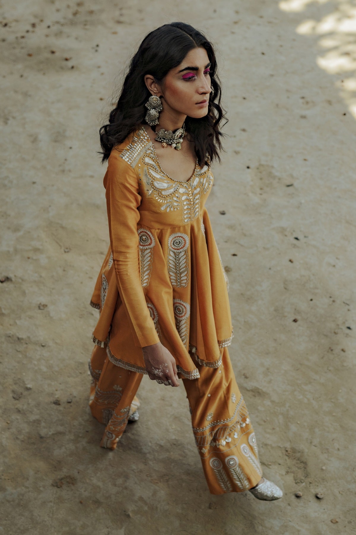 Ochre Chanderi Kalidar Kurta Set