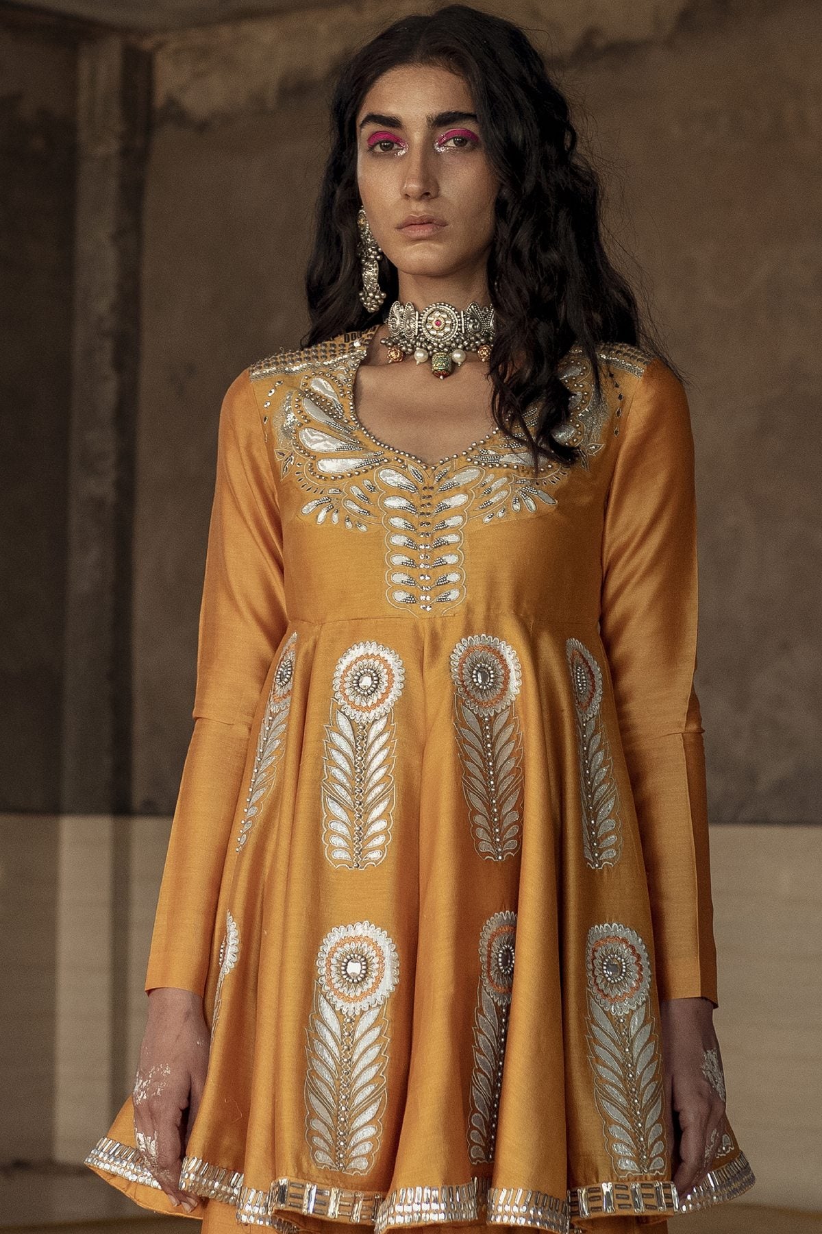 Ochre Chanderi Kalidar Kurta Set