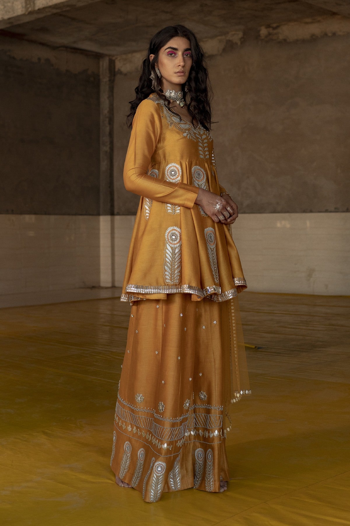 Ochre Chanderi Kalidar Kurta Set