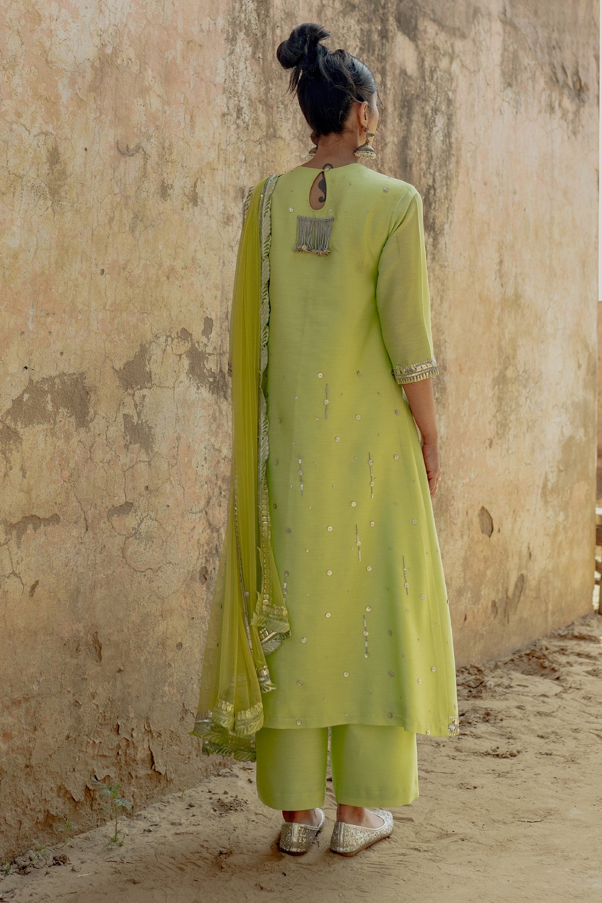 Green A-Line Chanderi Kurta Set