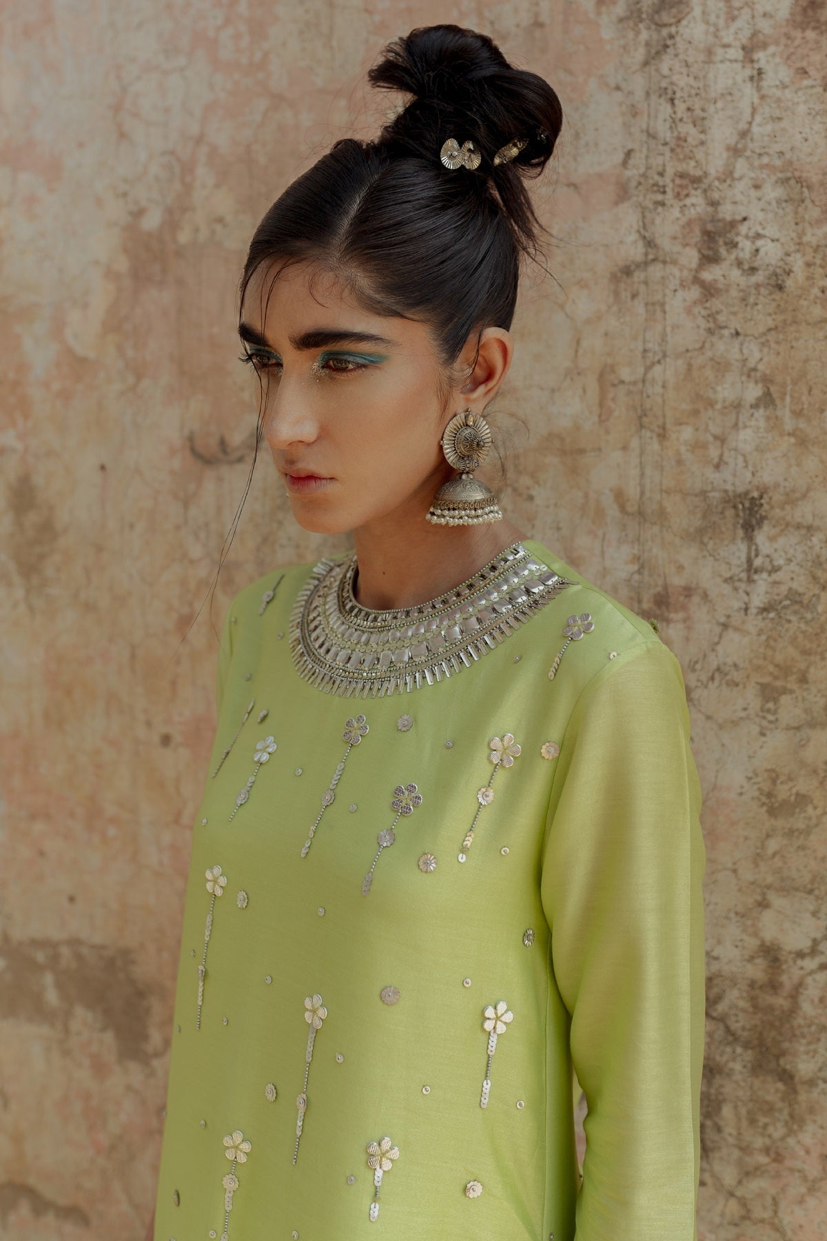 Green A-Line Chanderi Kurta Set