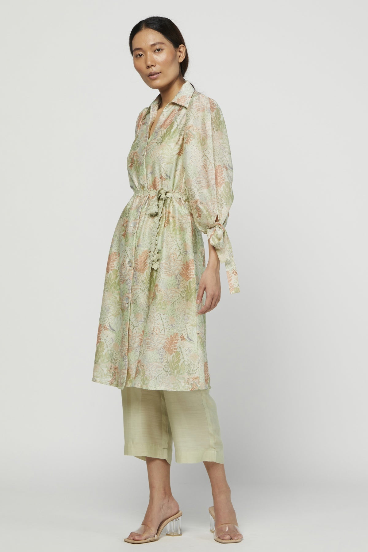 Green Printed Collar Tunic Set