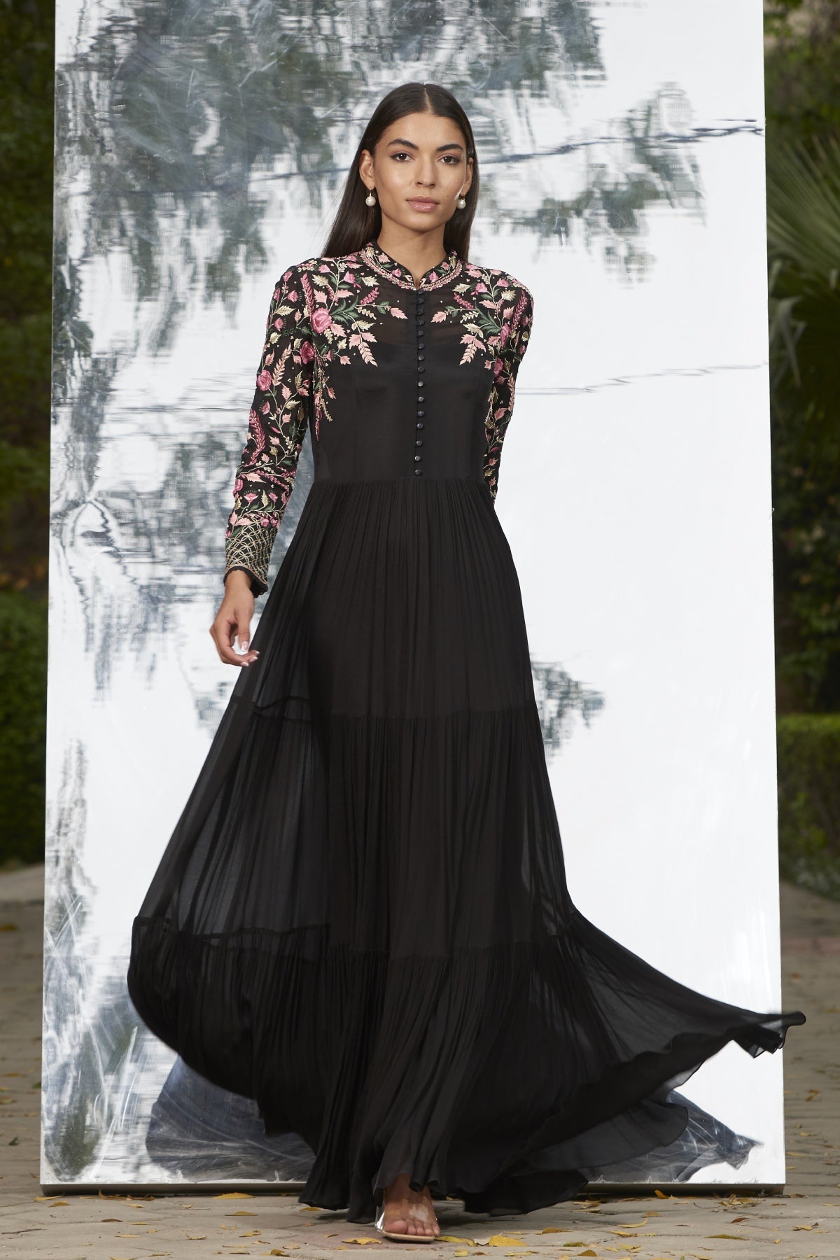 Buy Embroidered Tier Dress Gown by Mandira Wirk