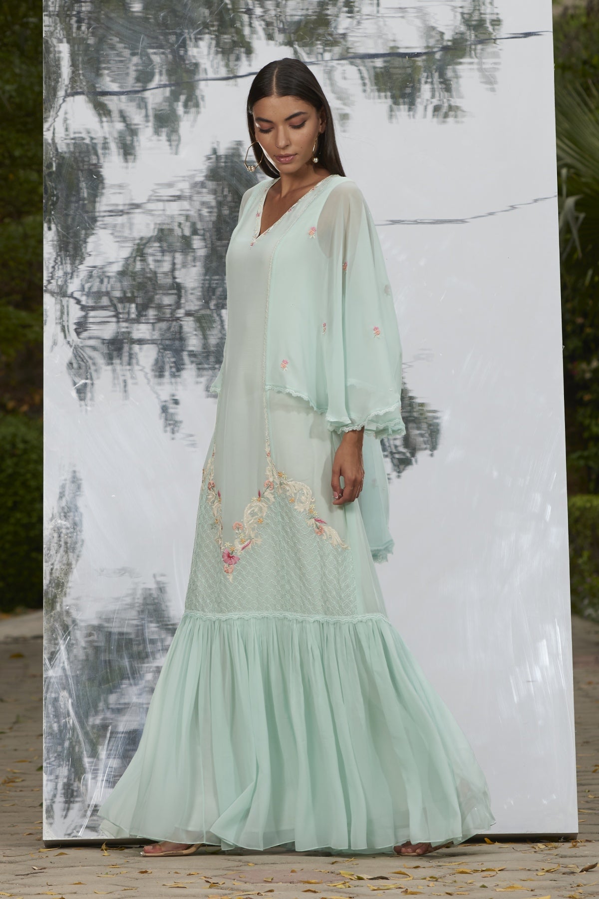 Mint Georgette Frill Long Kaftan