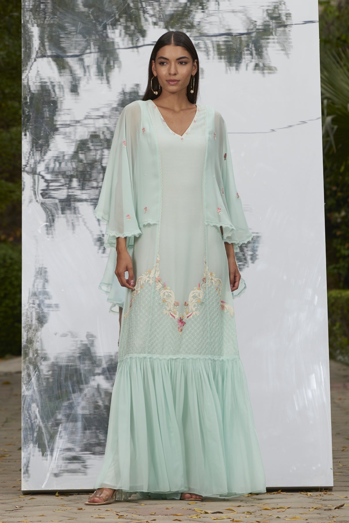 Mint Georgette Frill Long Kaftan
