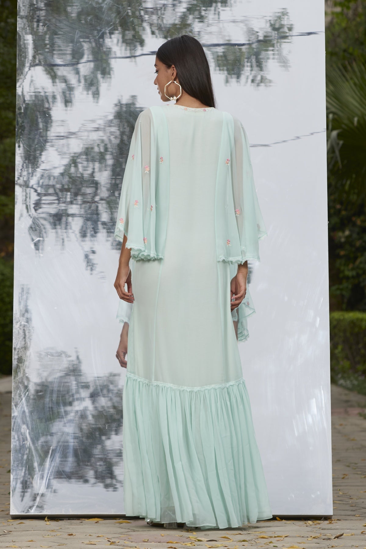 Mint Georgette Frill Long Kaftan